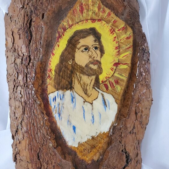Vintage 1982 Jesus Christ Painting On Black Hills Pine Bark Wall Art 18.5" x 10" - Picture 2 of 12